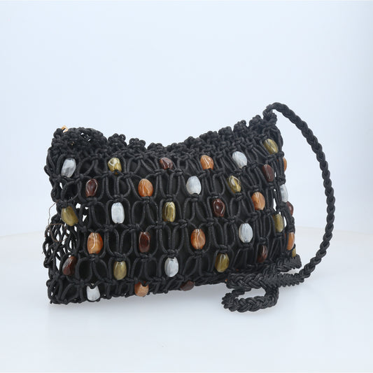 Bolsa em Crochê com Aplique de Madrepérolas Preto
