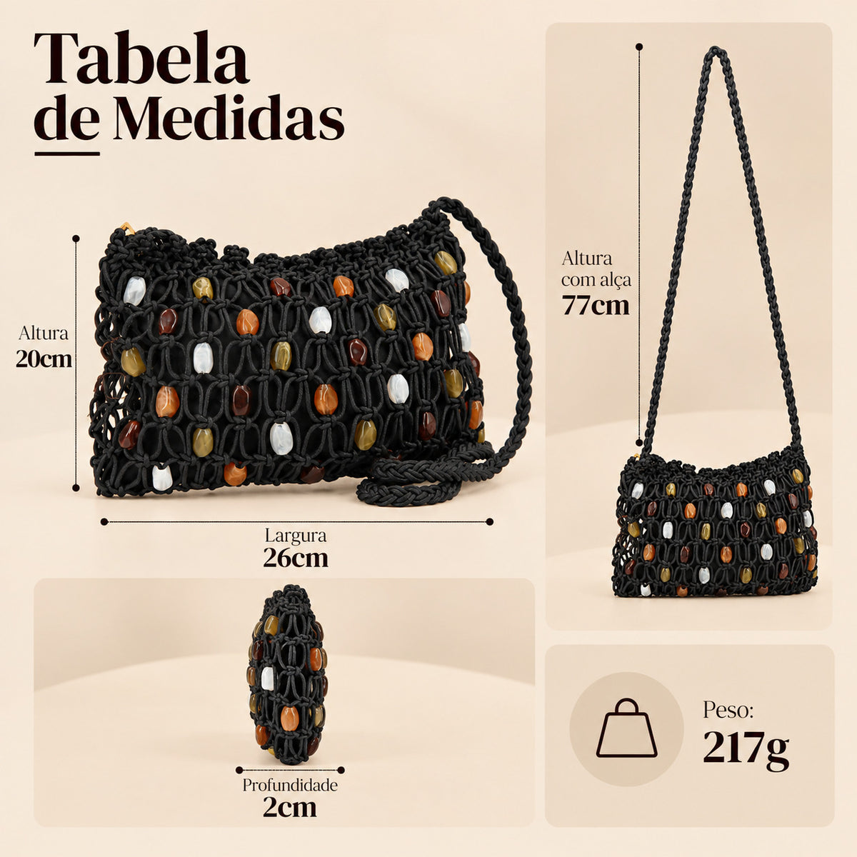 Bolsa em Crochê com Aplique de Madrepérolas Preto
