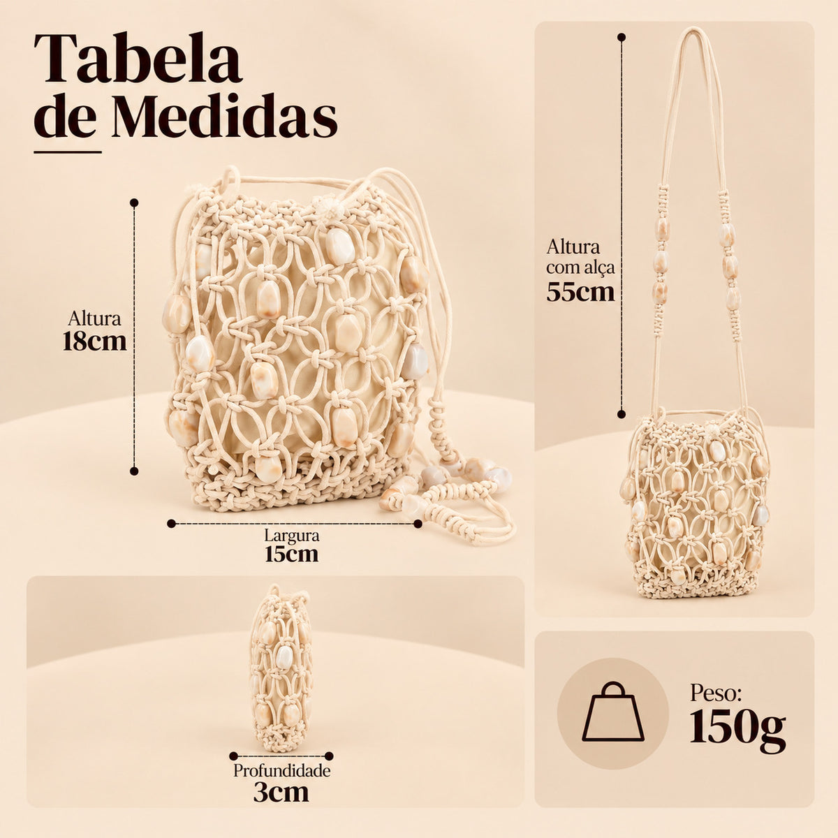 Bolsa de Praia Estilo Porta Celular com Pedrarias Marfim