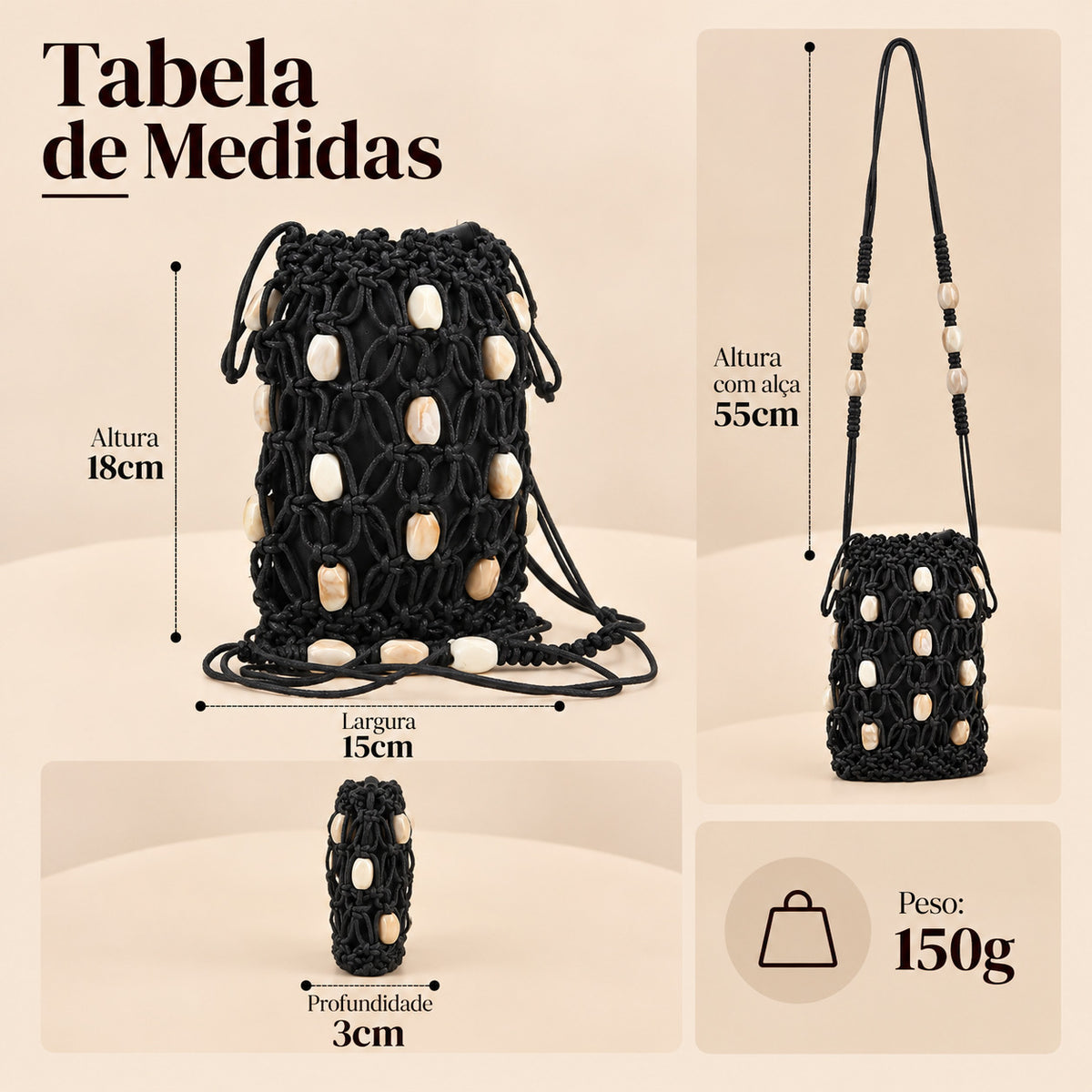 Bolsa de Praia Estilo Porta Celular com Pedrarias Preto