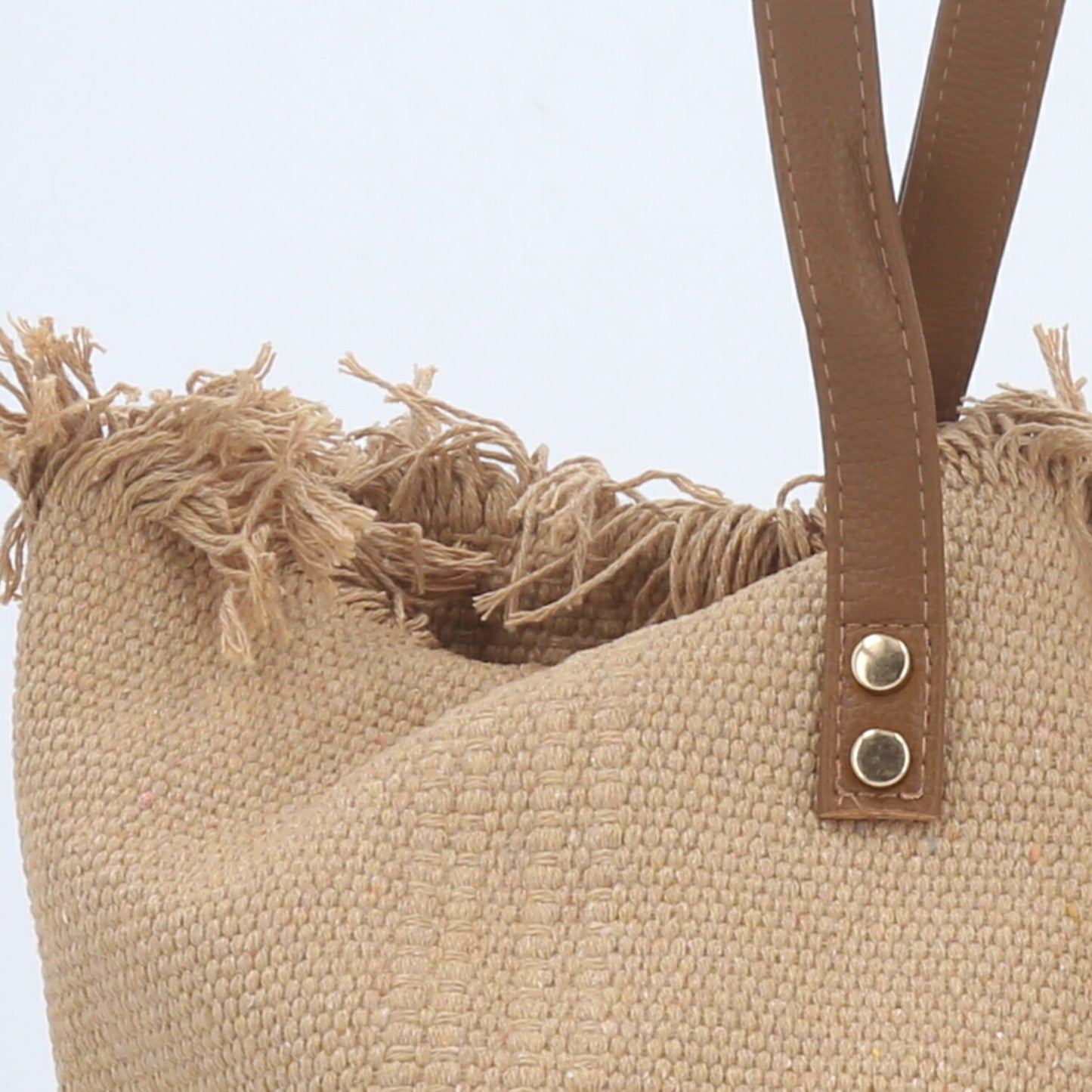 Bolsa Tote em Tecido com Franjas na Borda Superior Caramelo