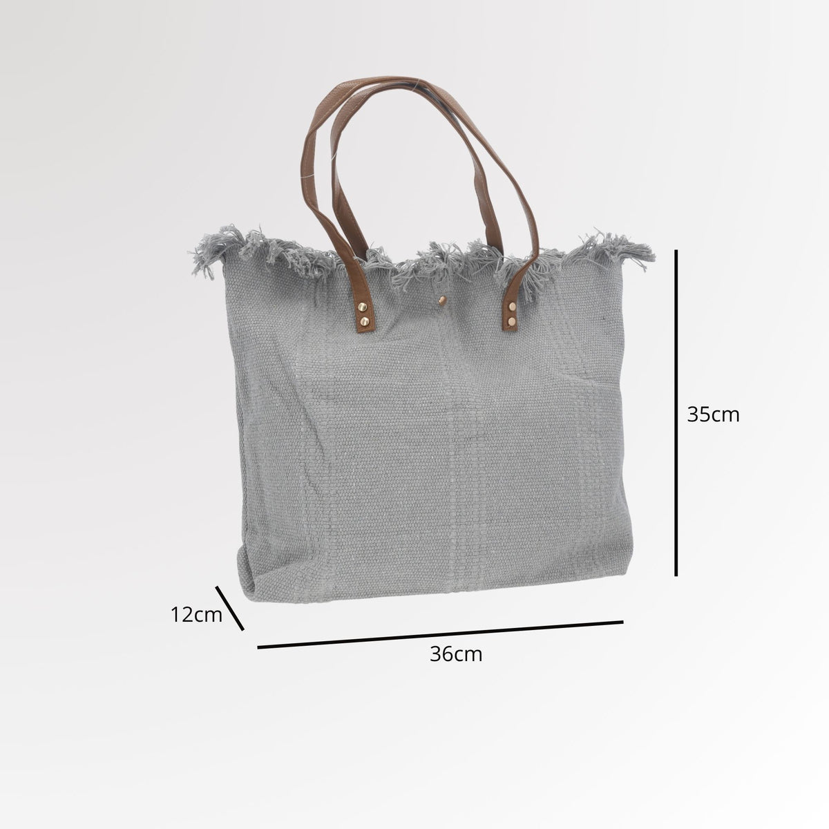 Bolsa Tote em Tecido com Franjas na Borda Superior Cinza