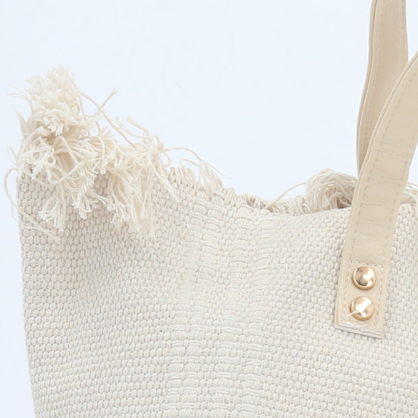 Bolsa Tote em Tecido com Franjas na Borda Superior Marfim
