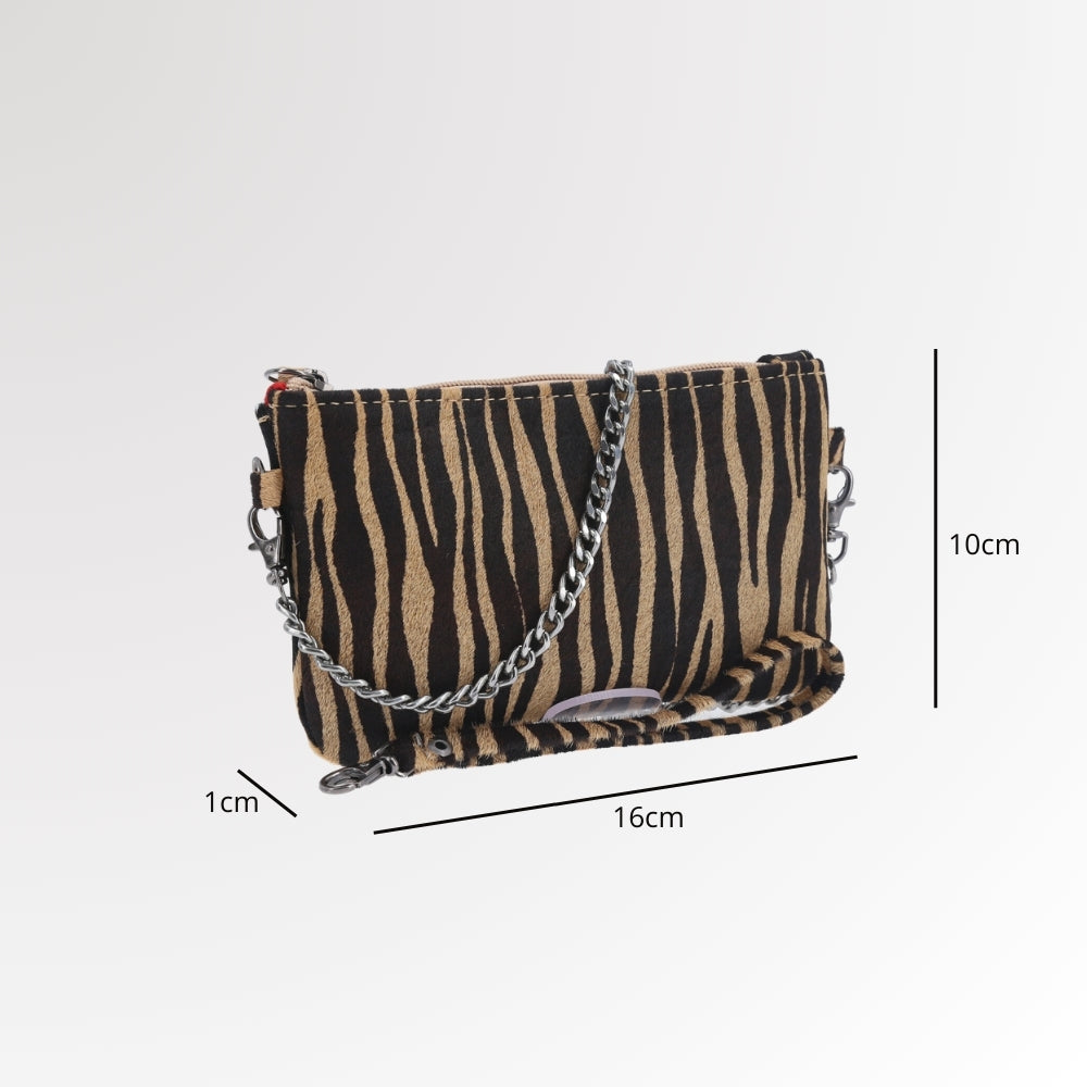 Bolsa Feminina de Couro Animal Print Alça Corrente Bege