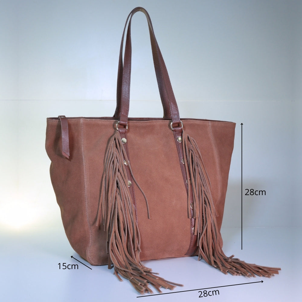 Bolsa de Ombro em Couro Camurça com Acabamento em Franjas Marrom