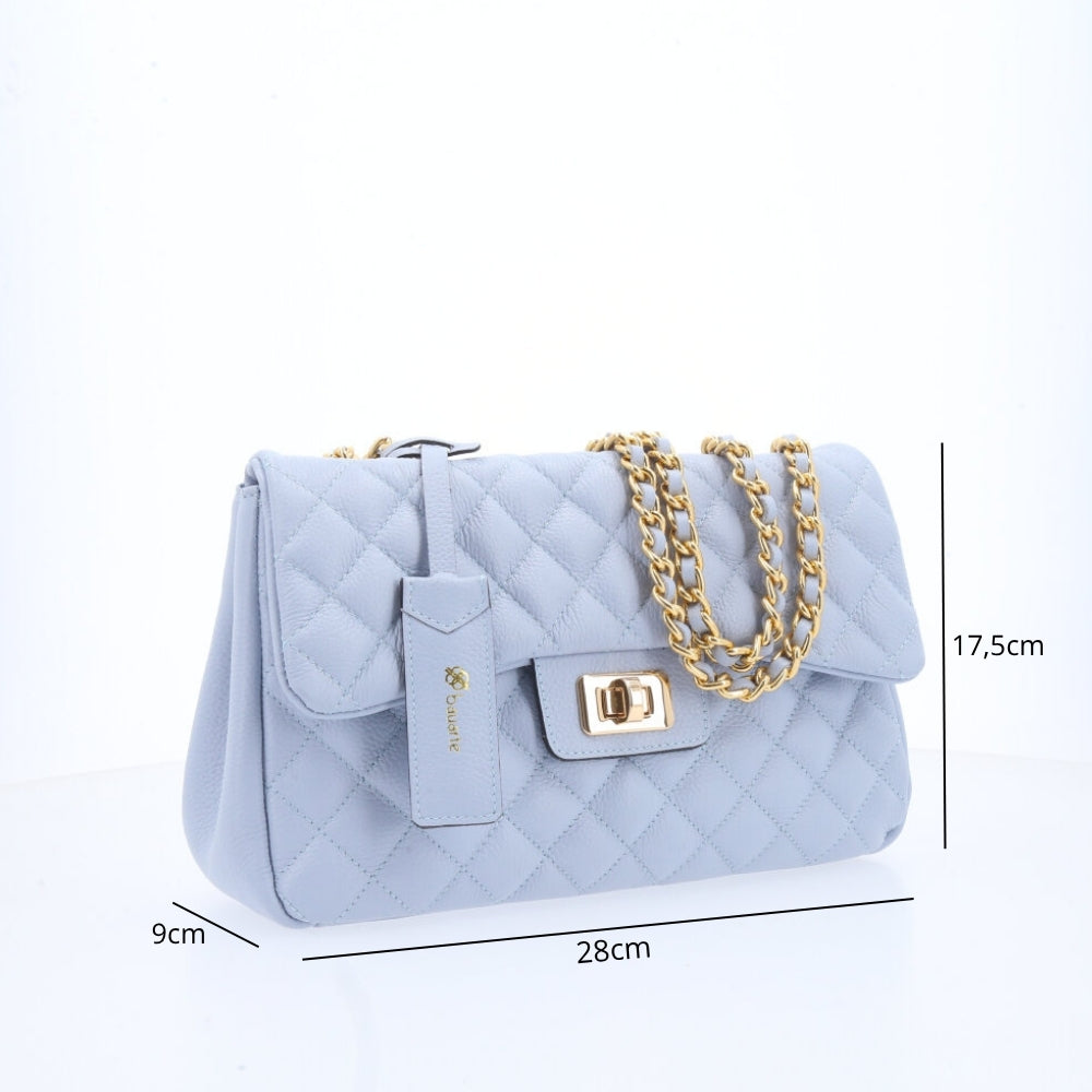 Bolsa Feminina Média Transversal Em Couro Legítimo Matelassê Azul claro