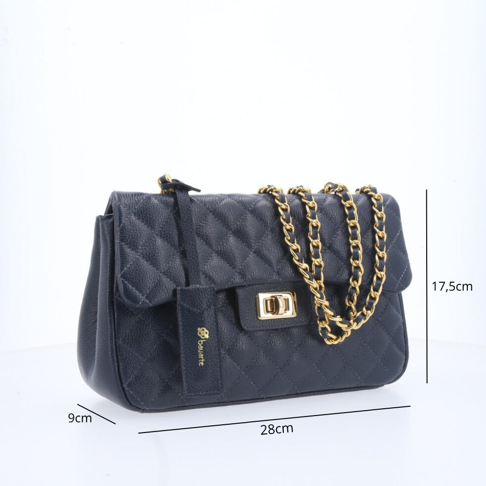 Bolsa Feminina Média Transversal Em Couro Legítimo Matelassê Azul escuro