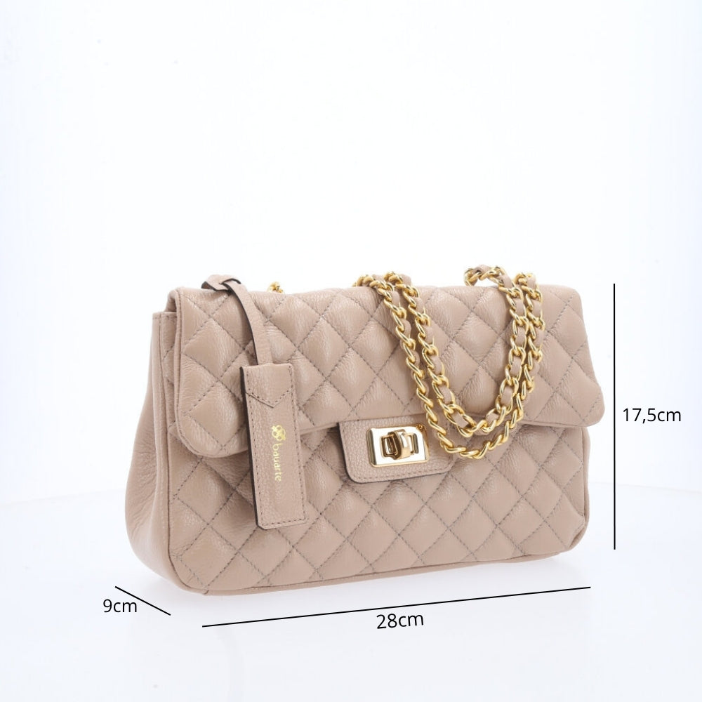 Bolsa Feminina Média Transversal Em Couro Legítimo Matelassê Bege
