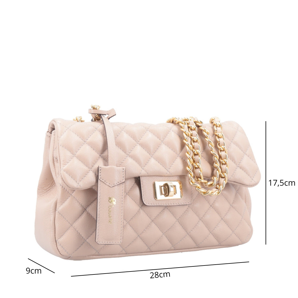 Bolsa Feminina Média Transversal Em Couro Legítimo Matelassê Bege claro