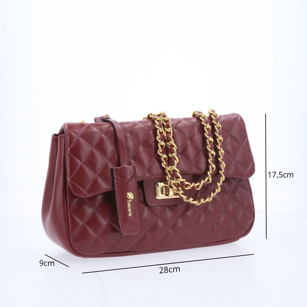 Bolsa Feminina Média Transversal Em Couro Legítimo Matelassê Vinho