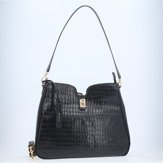 Bolsa Shoulder em Couro Croco Preto