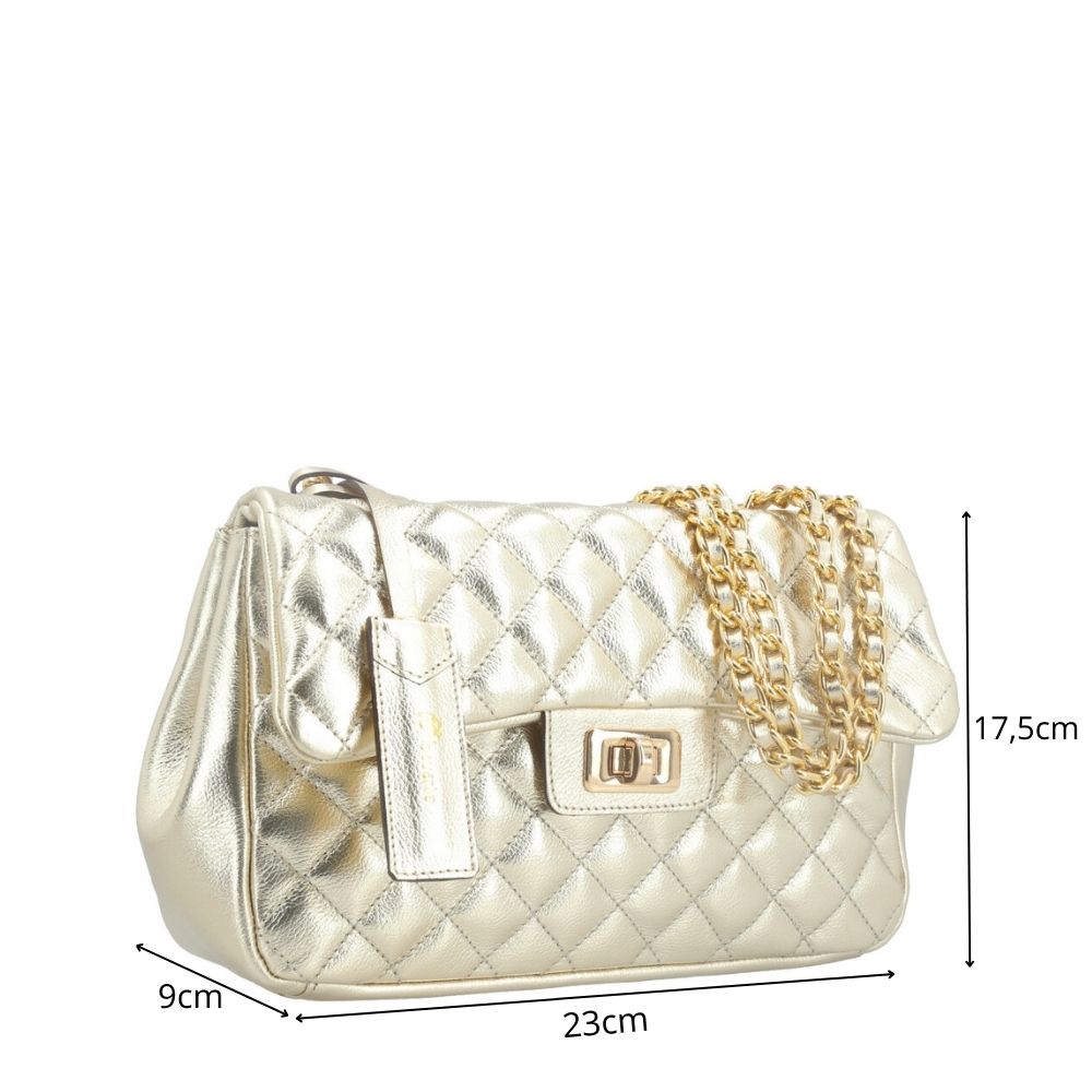 Bolsa de Couro Metalizada Feminina Matelassê Ouro claro