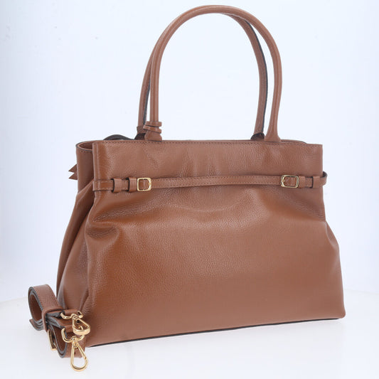 Bolsa Tote em Couro com Alça Dupla Removível Caramelo