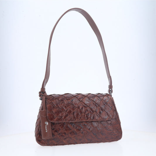 Bolsa Shoulder em Couro de Pirarucu com Alça Fixa Marrom