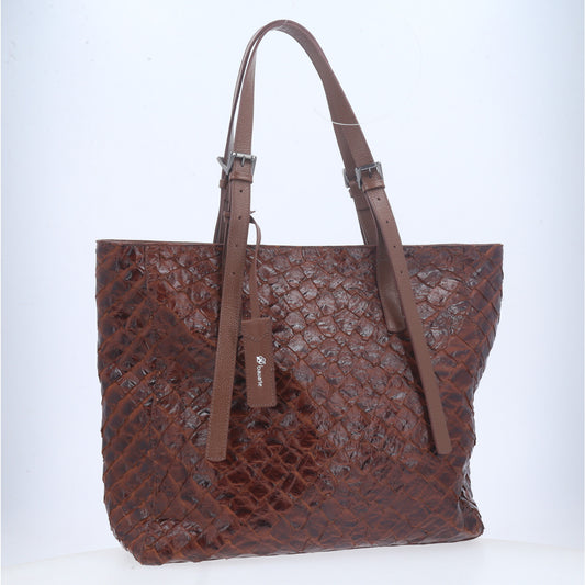 Bolsa Tote em Couro de Pirarucu com Alça Detalhista Caramelo