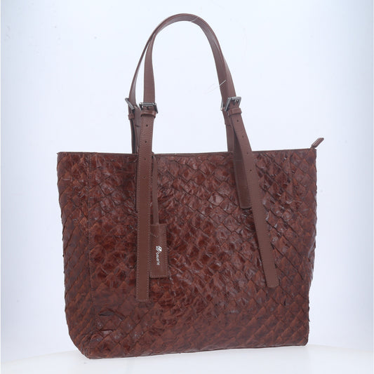 Bolsa Tote em Couro de Pirarucu com Alça Detalhista Marrom