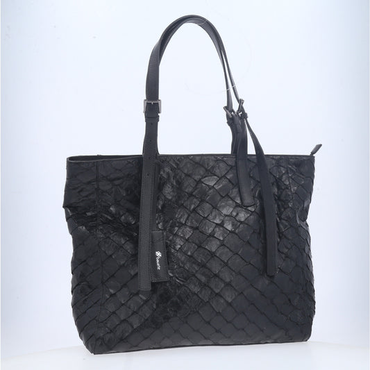 Bolsa Tote em Couro de Pirarucu com Alça Detalhista Preto