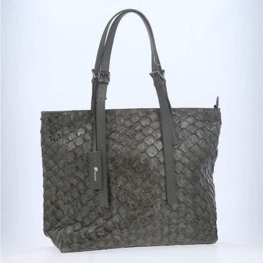 Bolsa Tote em Couro de Pirarucu com Alça Detalhista Verde escuro