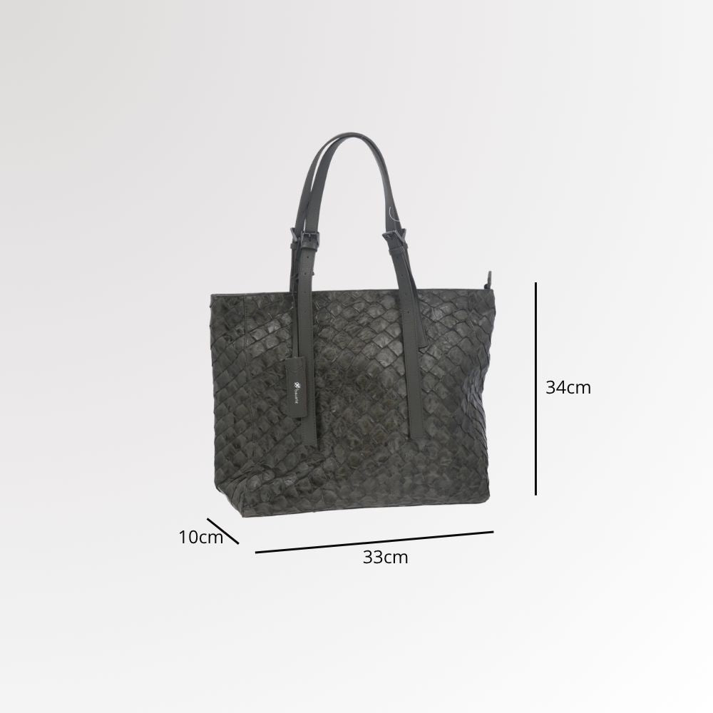 Bolsa Tote em Couro de Pirarucu com Alça Detalhista Verde escuro