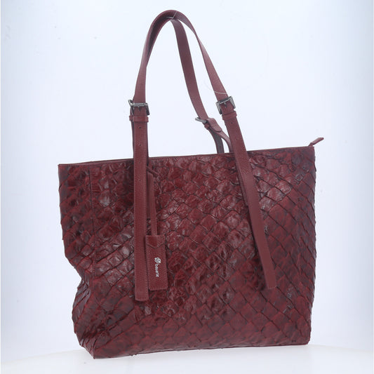 Bolsa Tote em Couro de Pirarucu com Alça Detalhista Vinho