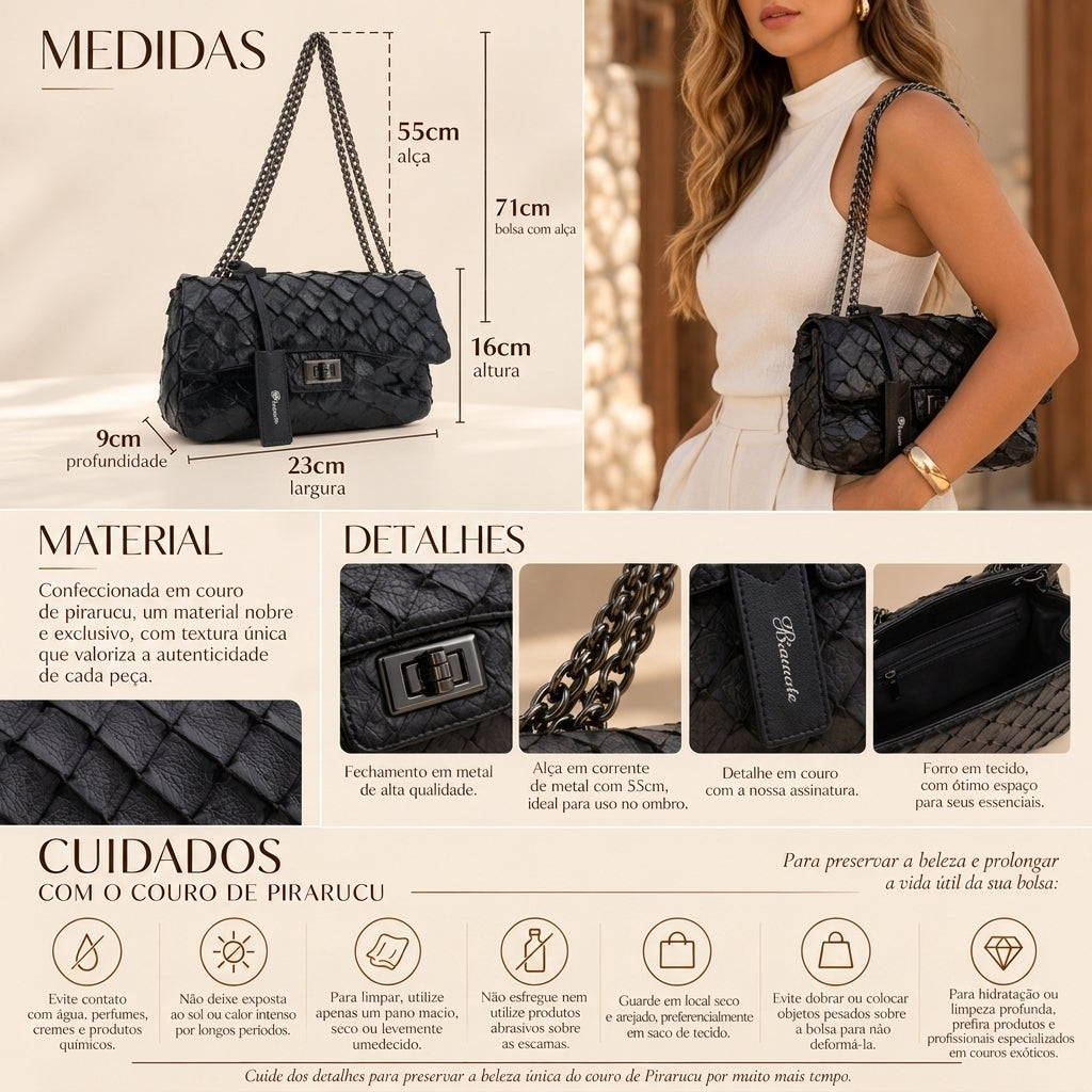Bolsa Pequena em Couro de Pirarucu com Alça de Corrente Preto