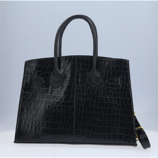 Bolsa Feminina de Couro Croco Estruturada Preto