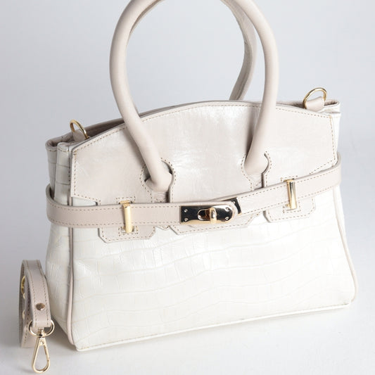 Bolsa de Ombro Feminina em Couro Croco Marfim