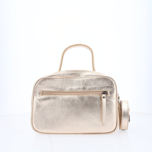 Bolsa de Couro Baú Feminina Metalizada Ouro claro