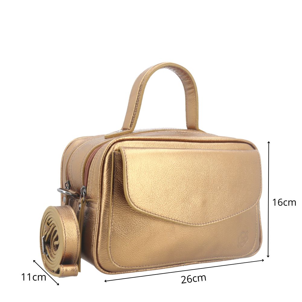 Bolsa de Couro Baú Feminina Metalizada Ouro velho