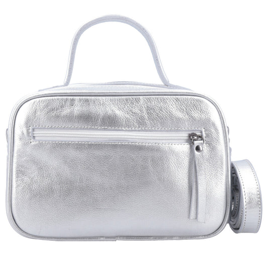 Bolsa de Couro Baú Feminina Metalizada Prata