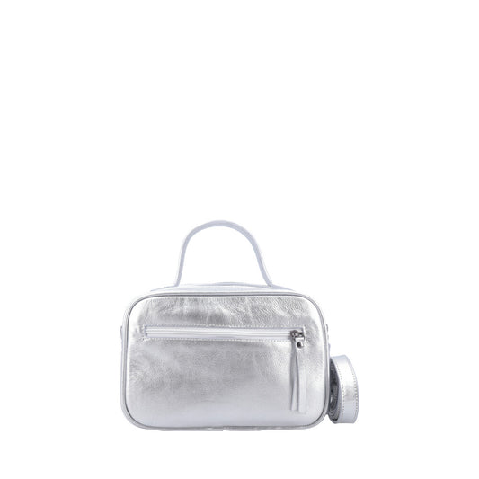 Bolsa de Couro Baú Feminina Metalizada Prata