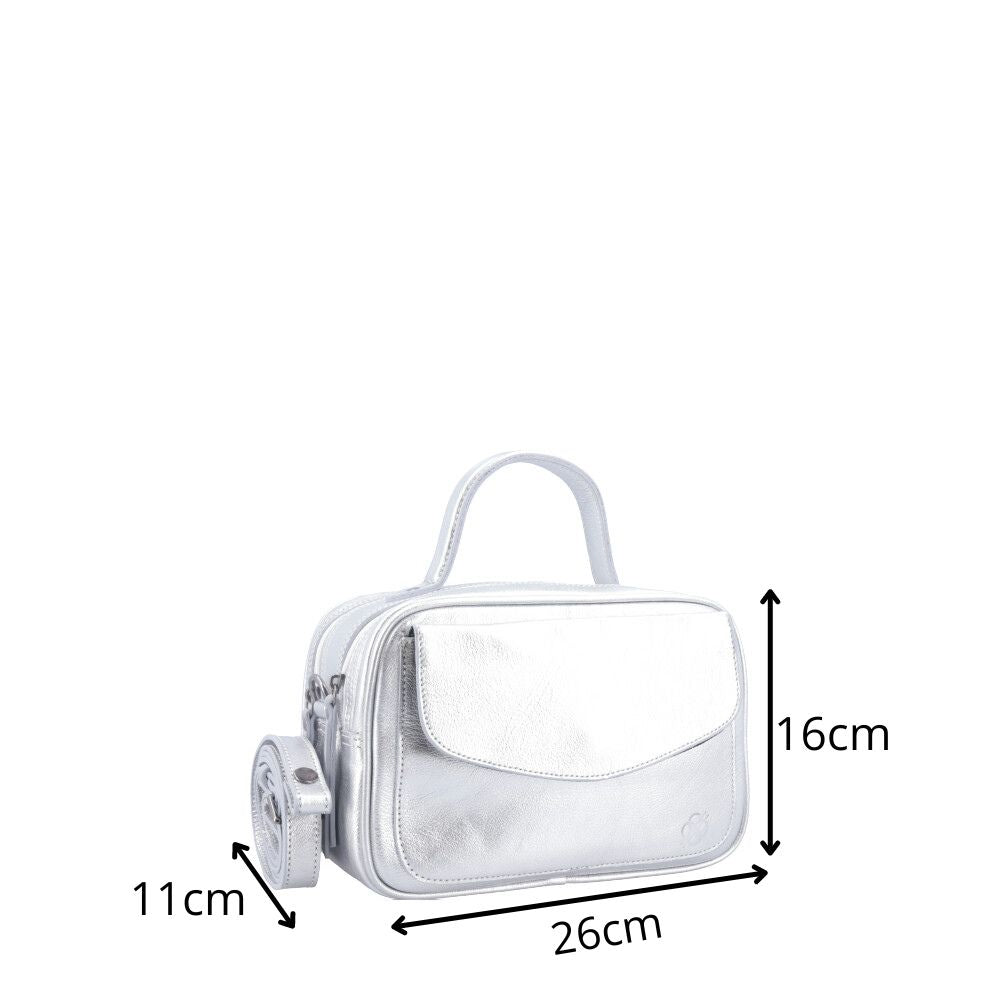 Bolsa de Couro Baú Feminina Metalizada Prata