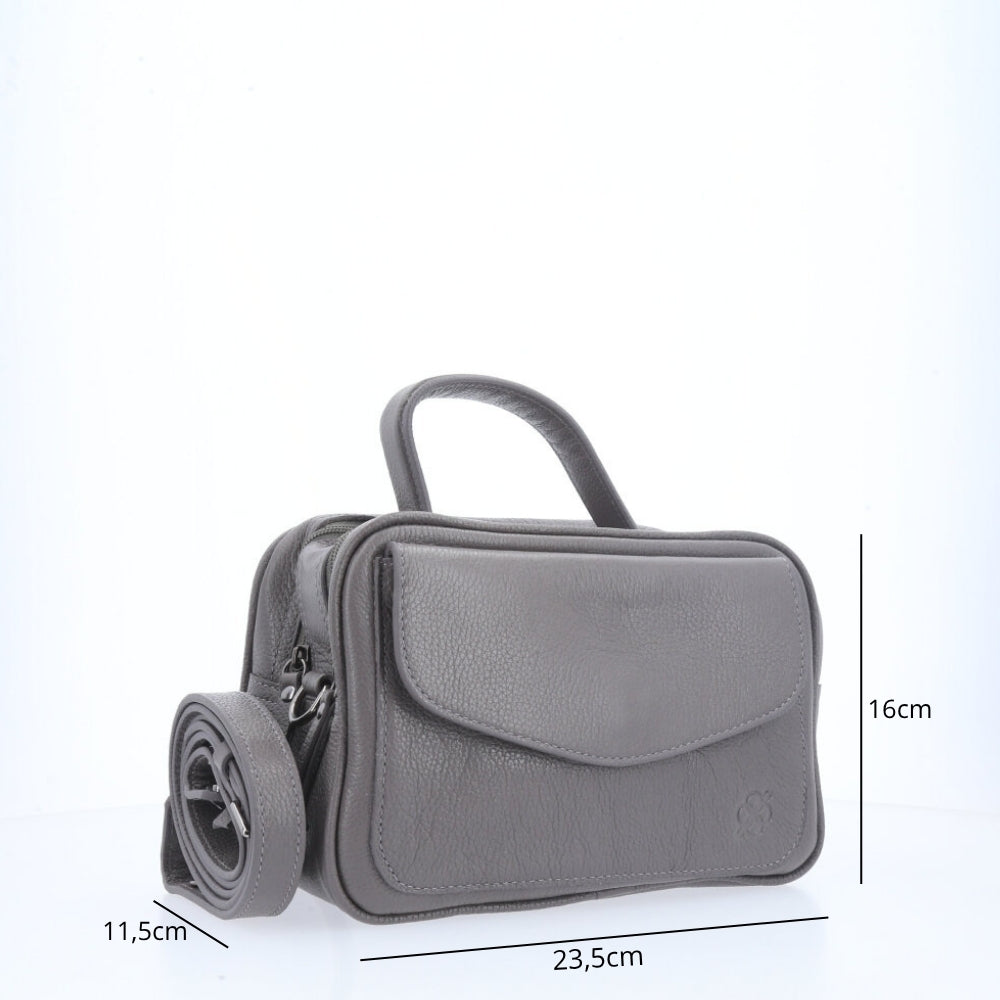 Bolsa Baú em Couro Legitimo com Alça Dupla Removível Cinza