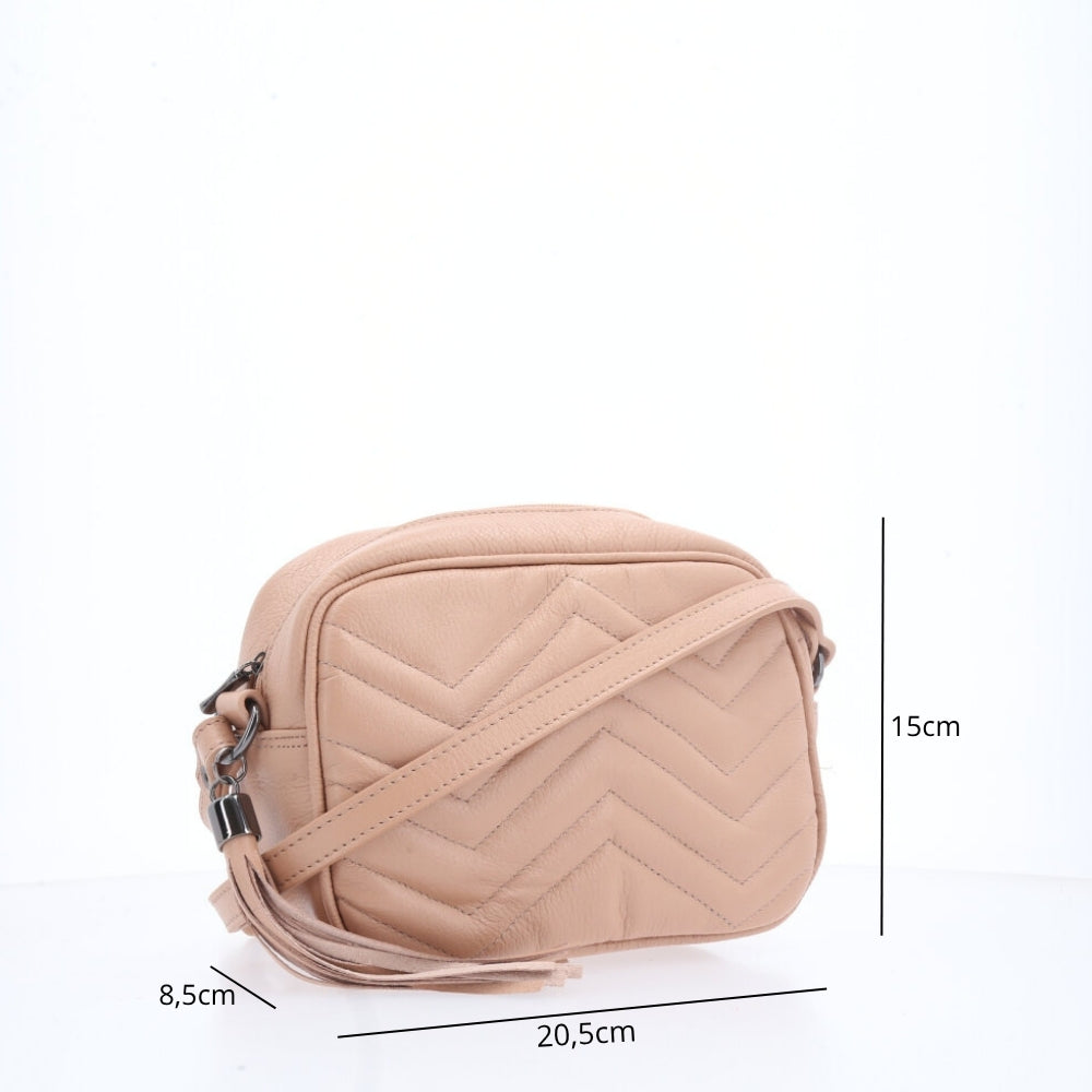 Bolsa Crossbody Feminina em Couro Matelassê com Tassel Bege