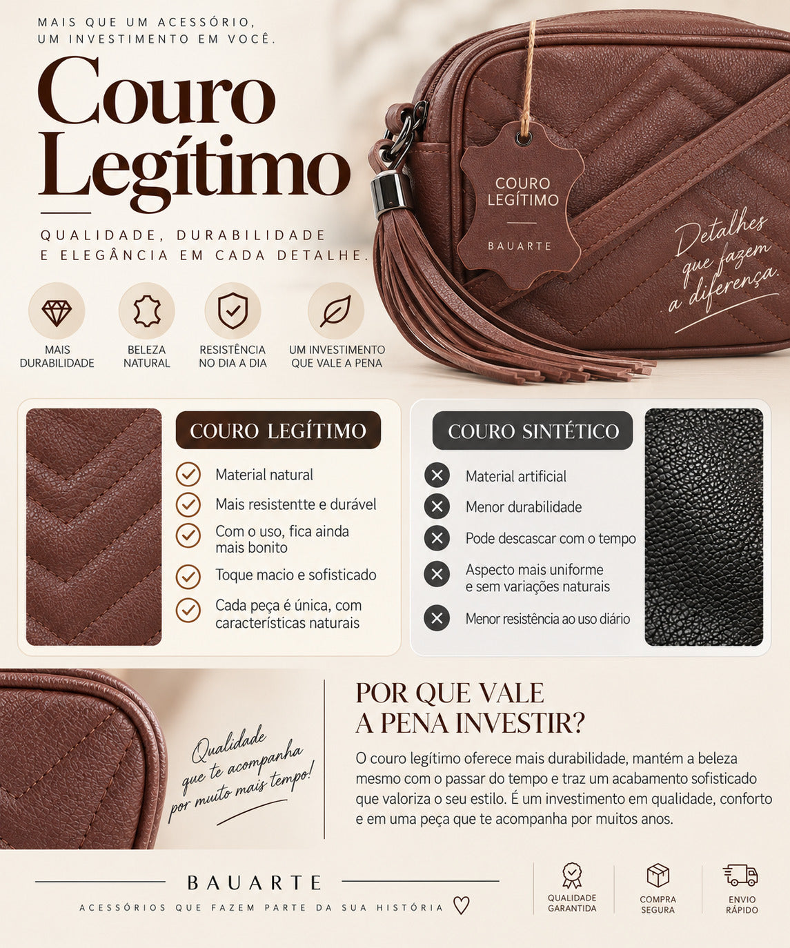 Bolsa Crossbody Feminina em Couro Matelassê com Tassel Marrom
