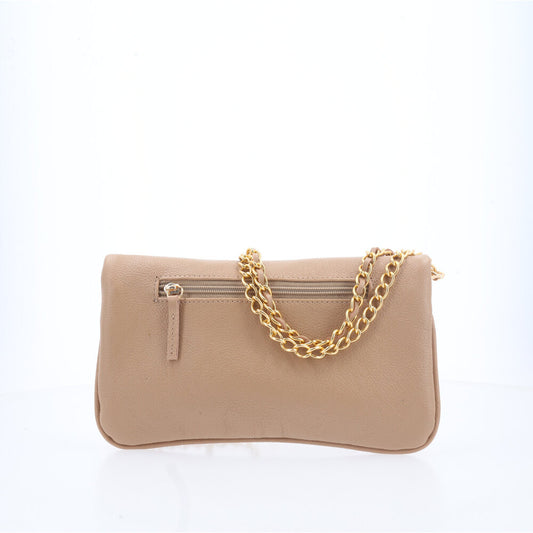 Bolsa Transversal Feminina em Couro com Alça de Corrente Bege