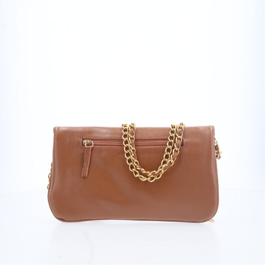 Bolsa Transversal Feminina em Couro com Alça de Corrente Caramelo