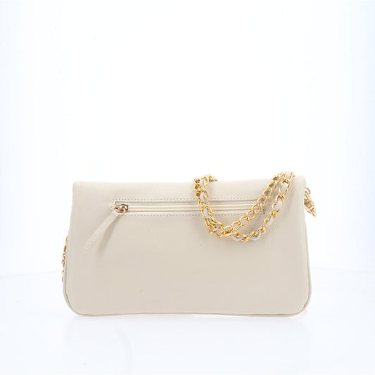 Bolsa Transversal Feminina em Couro com Alça de Corrente Marfim