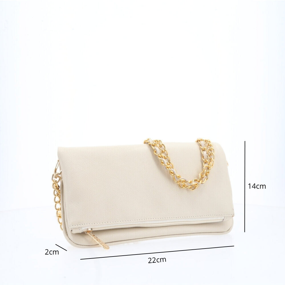 Bolsa Transversal Feminina em Couro com Alça de Corrente Marfim