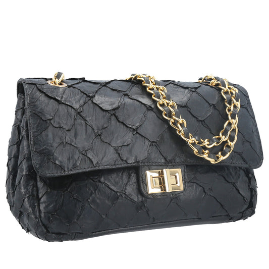 Bolsa de Ombro em Couro Legítimo de Pirarucu Preto