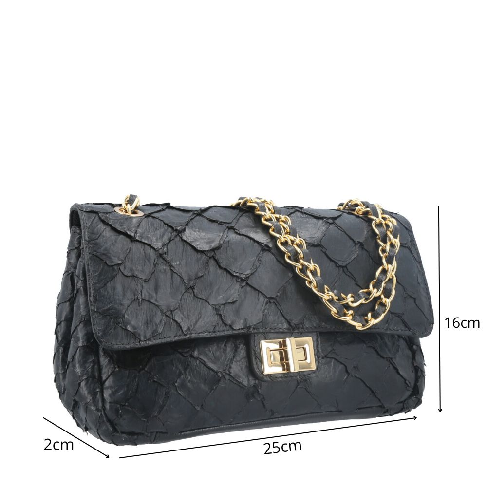 Bolsa de Ombro em Couro Legítimo de Pirarucu Preto