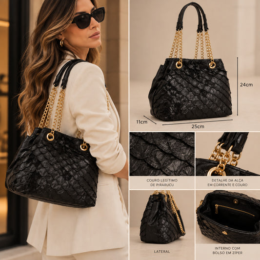 Bolsa de Couro Pirarucu com Alça Metal Dourada Preto