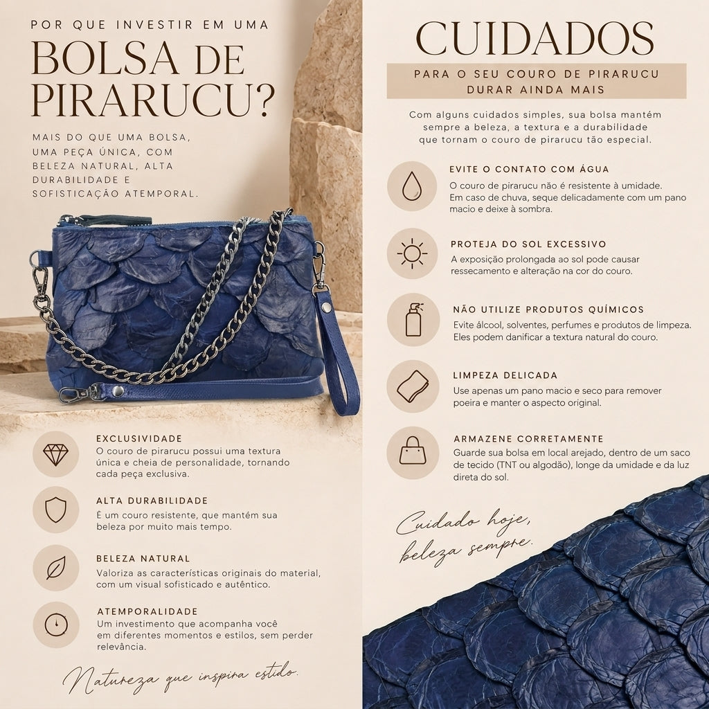 Bolsa Pequena em Couro Legítimo de Pirarucu Azul