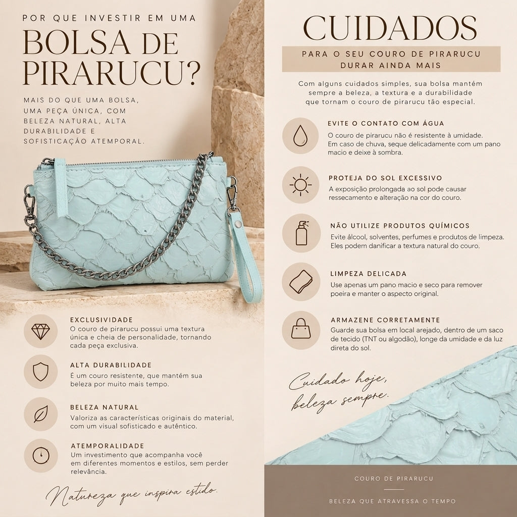 Bolsa Pequena em Couro Legítimo de Pirarucu Azul claro