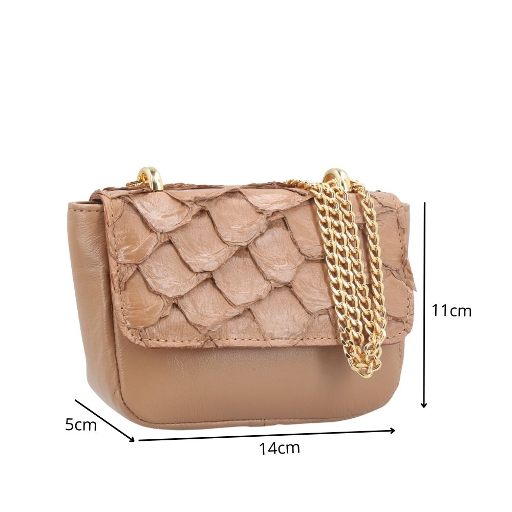Bolsa Feminina em Couro Legítimo de Pirarucu Modelo Tiracolo Caramelo