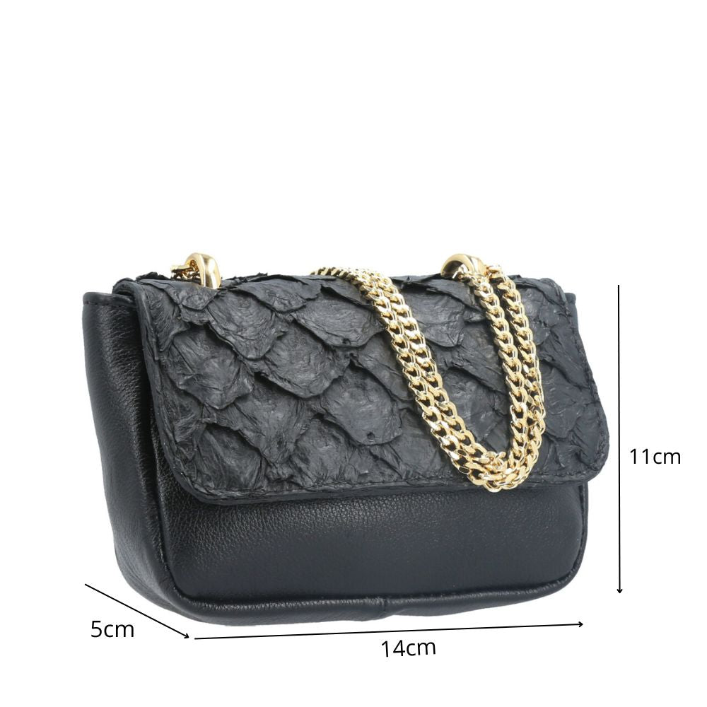 Bolsa Feminina em Couro Legítimo de Pirarucu Modelo Tiracolo Preto