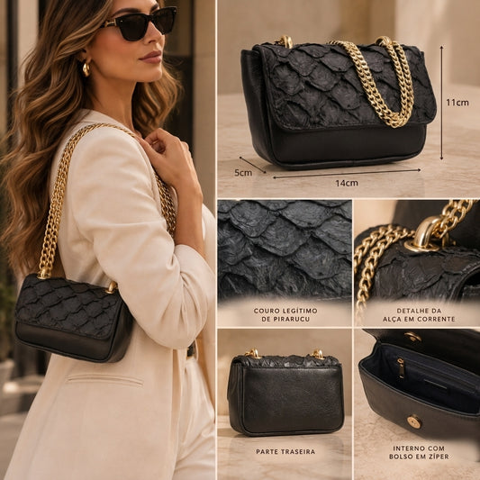Bolsa Feminina em Couro Legítimo de Pirarucu Modelo Tiracolo Preto