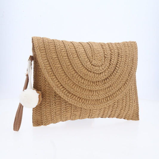 Bolsa Praia de Mão em Ráfia com Detalhe Bege