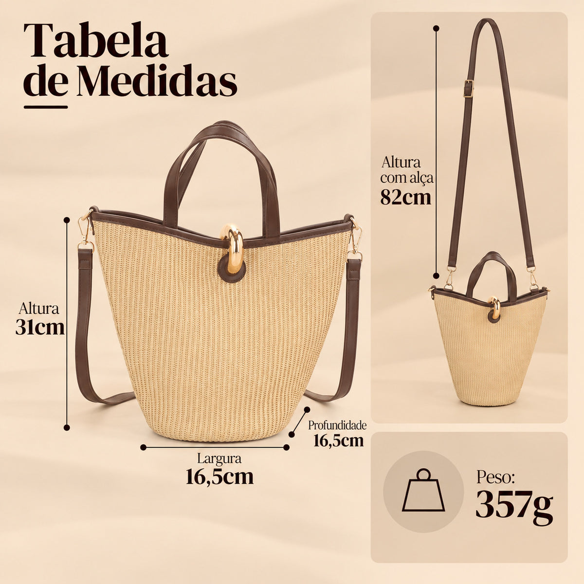 Bolsa Shoulder em Ráfia com Opção de Alça Transversal Bege
