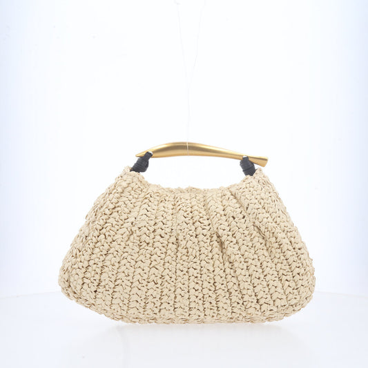 Bolsa de Ráfia Feminina – Modelo com Alça Dourada Rígida Marfim